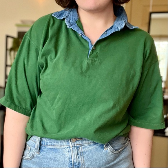 Vintage Green Shirt with Denim Collar | XL - Picture 1 of 6
